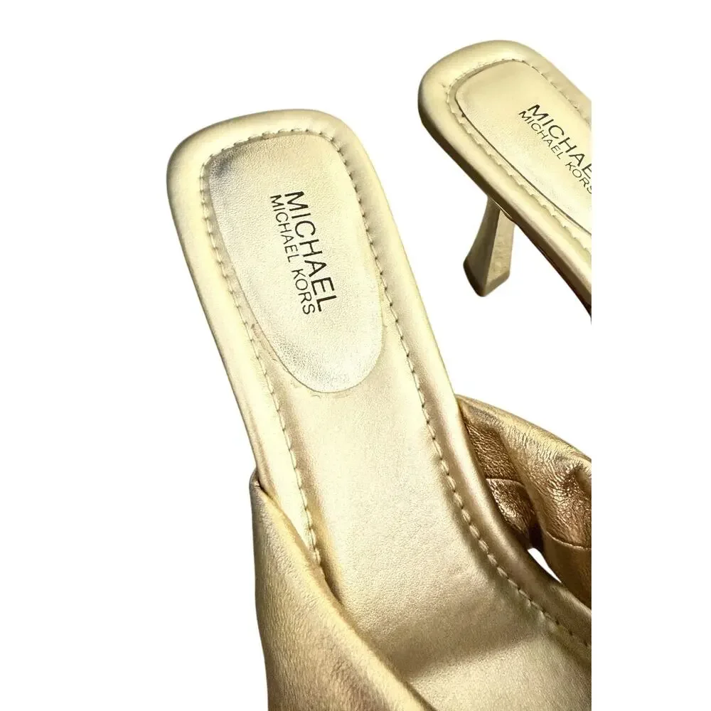 Michael Kors Metallic Gold Knot Bow Mule Heels Square Toe Size 8.5